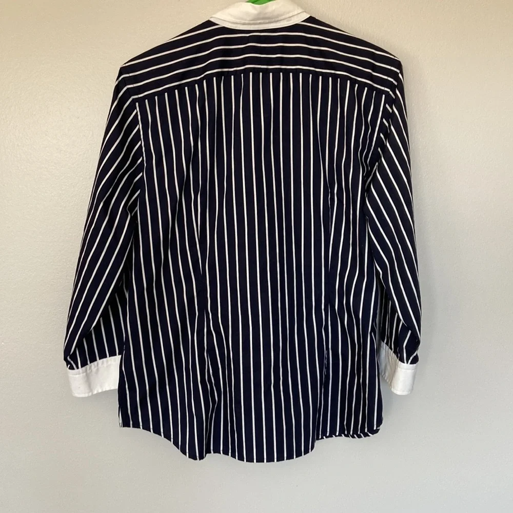 Ralph Lauren VTG Cuff & Collar Button-Up 3/4 Sleeve Shirt Navy/White Stripe SZ L - Picture 4 of 11